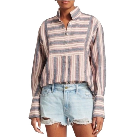 Frame Linen Striped Bib Long Sleeve Shirt Natural Multi Medium - Picture 1 of 13